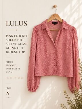 Lulus Pink Flocked Sheer Puff Sleeve Glam Going Out Blouse Top Size Small